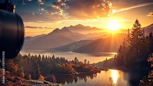 Professional camera on a tripod captures a stunning mountain lake sunset landscape.