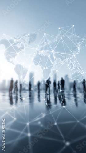 Silhouettes of people standing in front of a digital world map, vertical photo	