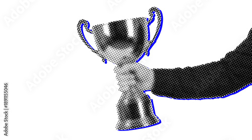 Pop art halftone trophy held by arm isolated on transparent background design element
