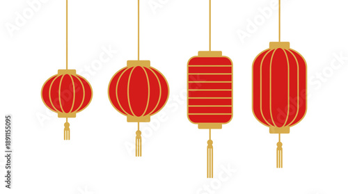 Five red Chinese lanterns hanging on cords with tassels against a white background, festive decorative lanterns for celebration