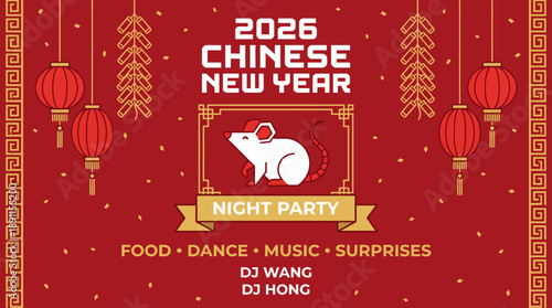 2026 Chinese New Year Night Party poster featuring a panda mascot, red and gold lanterns, and festive motifs with food, dance, music, and surprises.