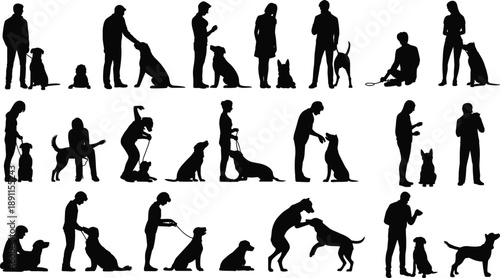 Dog owner silhouettes collection, pet training poses, walking sitting playing actions, human animal interaction set, isolated vector illustration
