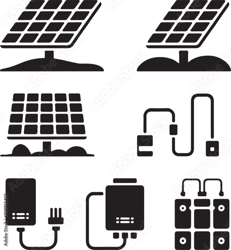 Solar panel icons set, black on white background, energy symbols