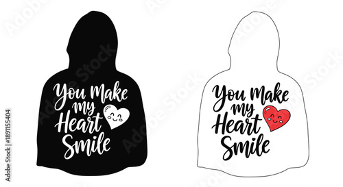 Two hooded shirts with romantic text and heart designs silhouette