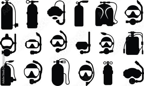 Scuba diving equipment silhouettes collection, underwater gear icons set, oxygen tanks masks snorkels regulators illustration isolated black vector