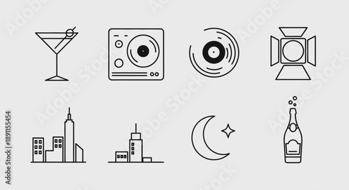 Minimalist vector illustration set featuring cocktail music equipment and city skyline
