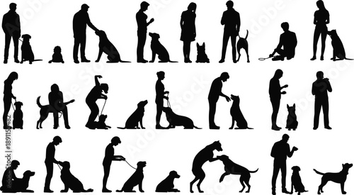 Dog owner silhouettes collection, pet training walking playing actions, human canine interaction poses set, isolated black vector illustration