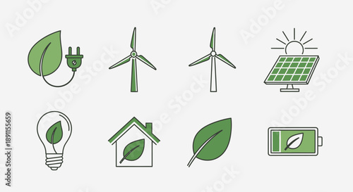 Eco friendly energy sources icons depicting sustainability and renewable power