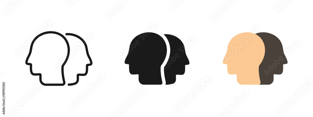 Obraz premium Pair of stylized human heads in outline, solid black, and two-tone color representations, facing the same direction to signify unity, agreement, or shared perspective.
