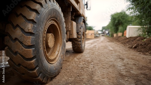 Close up of a muddy heavy duty truck wheel on a construction site dirt road