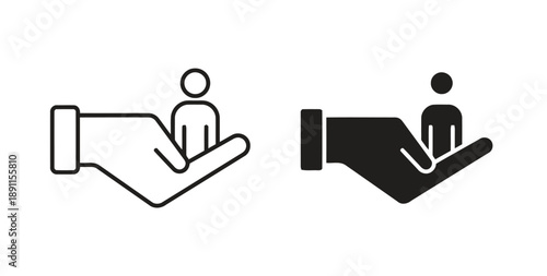 Outline and solid icons representing a person held in palm, symbolizing care, protection, support, human resource, employee well-being, and safety, isolated on white.