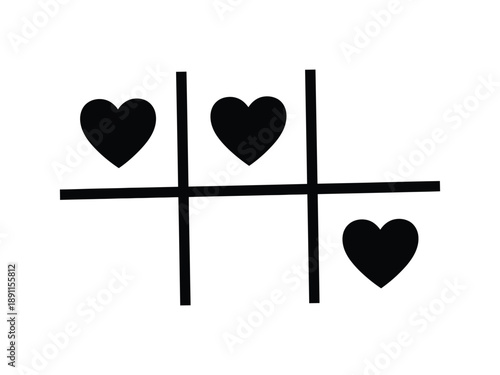 Black Hearts Tic-Tac-Toe Game Icon for Love and Romance Concepts; Valentine's Day Relationship Game Symbol