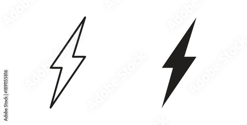 Outline and solid black icons symbolizing lightning bolt, representing energy, power, electricity, and rapid change, versatile graphic elements.