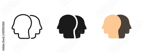 Pair of stylized human heads in outline, solid black, and two-tone color representations, facing the same direction to signify unity, agreement, or shared perspective.