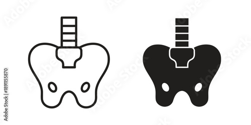 Pelvis bone icon set, outline and filled, illustrating human anatomy, skeletal system, hips, and lumbar spine connection, isolated.
