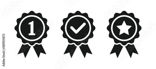 Achievement badge icon. Certificate premium quality mark icon. Award medal with ribbons. Vector illustration