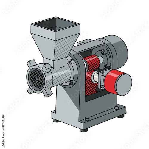 Detailed Vector illustration of a robust material processing machine, highlighting its internal grinding mechanism for efficient comminution and recycling purposes