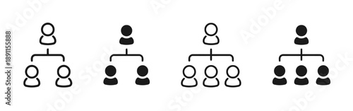Hierarchical organizational chart icons in outline and solid styles, showing leader and subordinate relationships with varying numbers of team members.