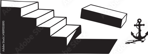 Staircase with missing step and anchor on white background