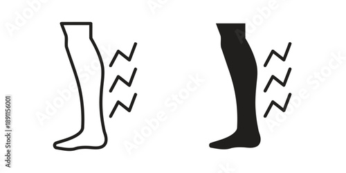 Line art and silhouette icons of human lower legs with lightning bolts indicating muscle pain or cramps, leg discomfort, physical sensation, medical symptom, health issue, body ache