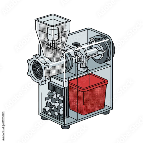 Vector Illustration of a Home Meat Grinder Machine with a Bin for Ground Meat, Ideal for Food Processing and Kitchen Gadget Concepts