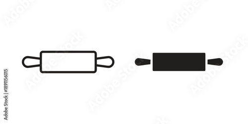 Line art and solid silhouette icons of rolling pin, baking tool, kitchen utensil, cooking equipment, pastry maker, dough roller, simple illustration, outline and filled design