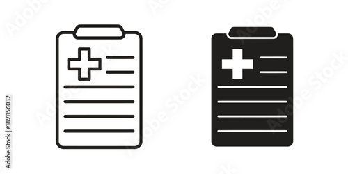 Medical record clipboard icon in outline and solid black, representing healthcare document, patient information, and clinical notes, isolated.