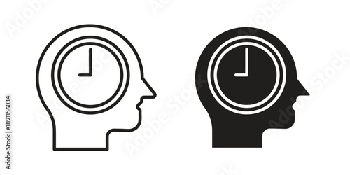 Line art and solid silhouette icons representing head profile with clock inside, symbolizing time management, thinking, and mental processes, brain clock concept, idea generation