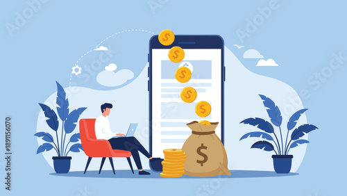 Man earning passive income online through mobile application showing gold coins falling into money bag from large smartphone screen.
