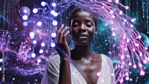Wallpaper Mural Elegant woman in a white gown beneath a cosmic cascade of stars, planets, and light trails luminous Torontodigital.ca