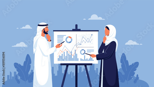 Middle Eastern business professionals in traditional attire analyzing financial data and growth charts on presentation board in office.