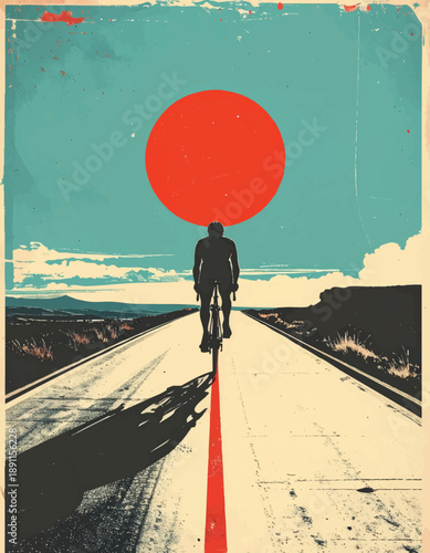 Mountain traveler red sun landscape vintage poster style