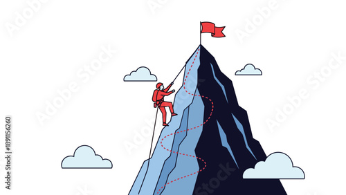 Ambitious climber reaching mountain peak with red flag symbolizing business success achievement and overcoming difficult challenges.