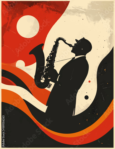 Saxophonist performing vintage silhouette orange backdrop