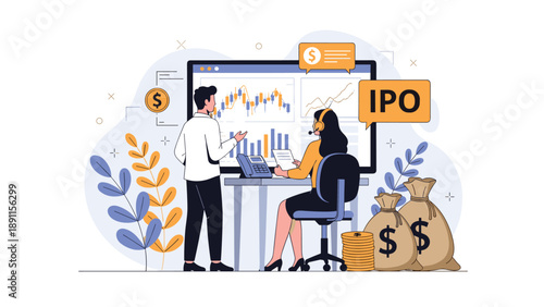 Business experts analyzing stock market charts and initial public offering data for investment strategy near bags of money.