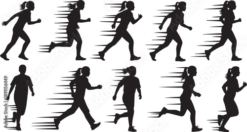 Silhouettes of people running in motion on white background