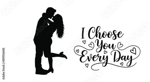 Couple embracing in a romantic pose with heartfelt text silhouette