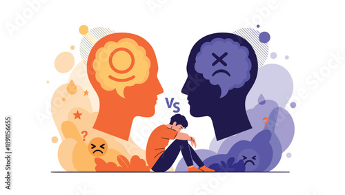 Person suffering from mental health issues sitting between positive and negative mindset symbols representing mood swings or bipolar.
