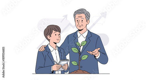 Two businessmen in blue suits with green accents