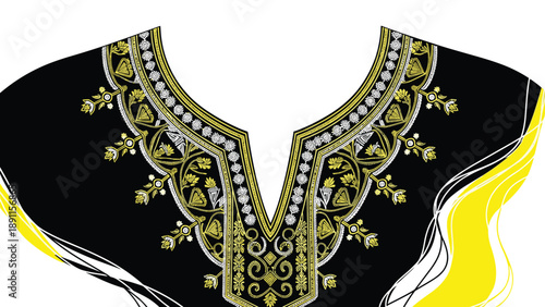 Beautiful gold and white floral embroidery design on black fabric neckline suitable for traditional or fashion garment design.