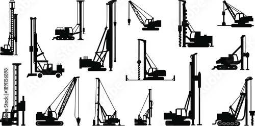 Black,construction,machinery,silhouette,collection,vector,set,heavy,equipment,industrial,crane,drilling,engineering,isolated,white,background,illustration,design