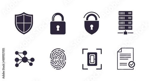 Security icons shield lock server network fingerprint and document