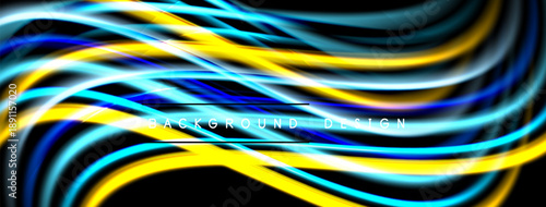 Dynamic flowing lines, vibrant colors, modern abstract design. Background features blue, yellow gradients, smooth curves.