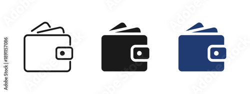 Wallet icon in outline, solid black, and blue variations representing money, finance, savings, and cash storage for online shopping, banking, or payment transactions, symbol of wealth and currency.