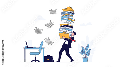 Stressed businessman carrying massive towering stack of office folders and files representing heavy workload and administrative tasks.