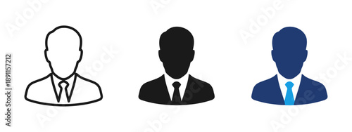 Silhouette of a businessman in a suit and tie, depicted in outline, solid black, and blue color variations for professional corporate representation.
