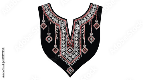 Intricate red and white geometric embroidery pattern on black fabric for traditional dress neckline or ethnic fashion design.