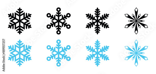 Snowflake icons in black and blue colors, various intricate designs, winter symbol, cold weather illustration, representing frost and snow, set of six unique graphics