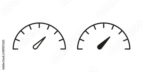 Speedometer gauge icons, one outlined and one filled black, representing speed, measurement, performance, and progress, clear dashboard visuals.