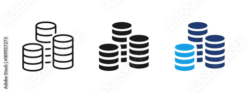 Stack of coins with dollar signs, representing currency, money, wealth, finance, savings, investment, and banking. Vector icons in different styles.